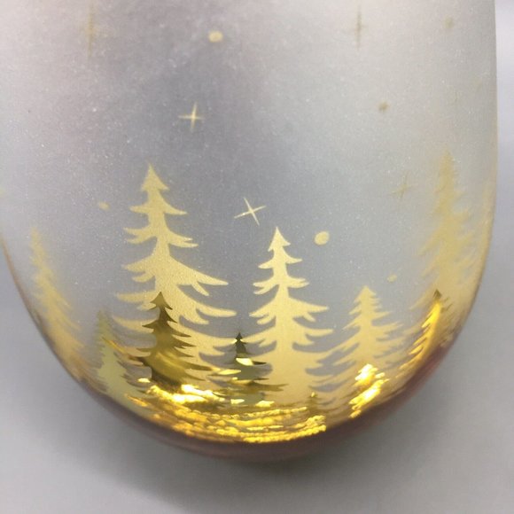 x2 Christmas Gold Pine Trees Stemless Wine Glass Set Frosted Winter Forest Stars - Picture 6 of 6